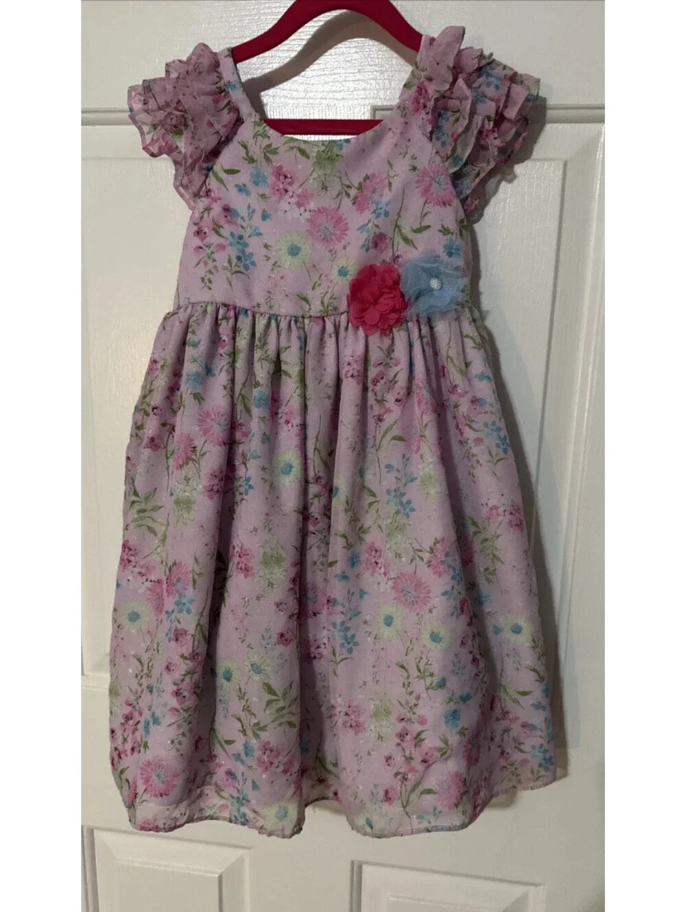 Laura Ashley London Dress Size 6 Girls Pink Bow and Ruffle Floral Spring Easter
